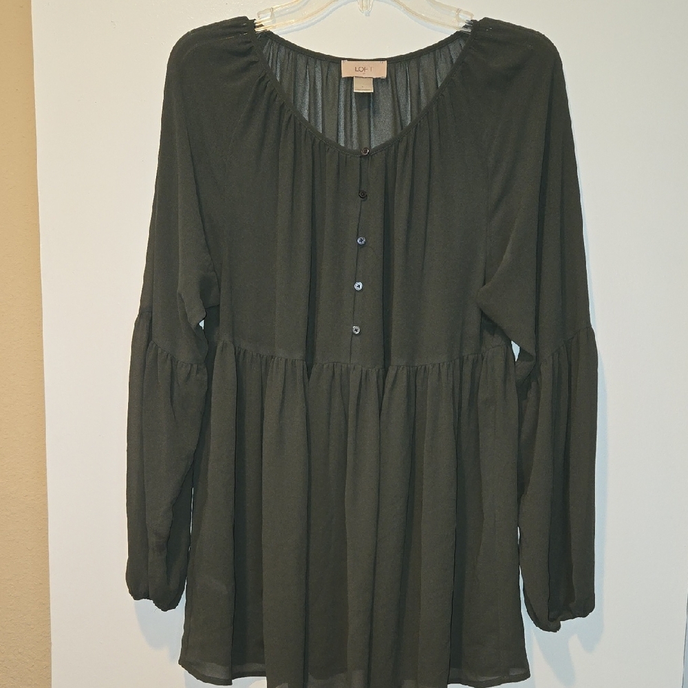 LOFT Olive Green Long Puffy  Sleeve Sheer Peasant Babydoll Tunic Blouse